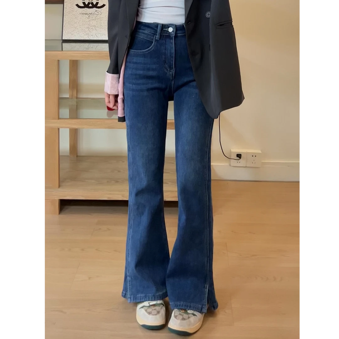 小个子侧开叉高腰弹力微喇牛仔裤女加绒大码遮胯显瘦百搭直筒长裤