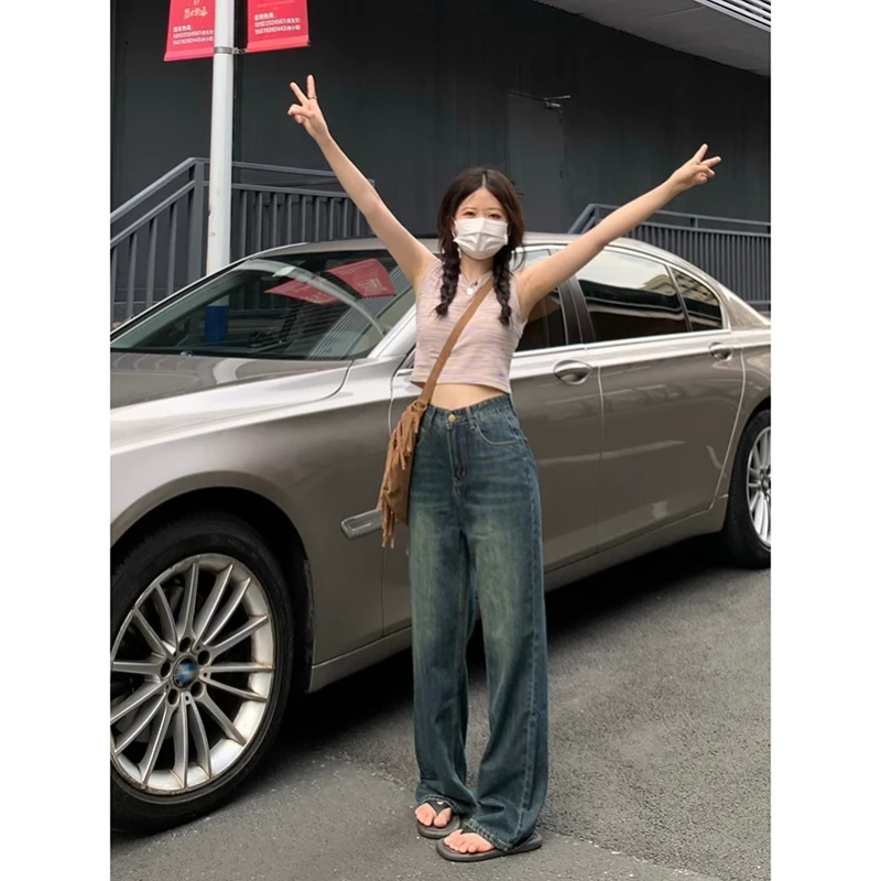 复古蓝窄版直筒牛仔裤女2025新款高腰宽松显瘦阔腿拖地裤小个子