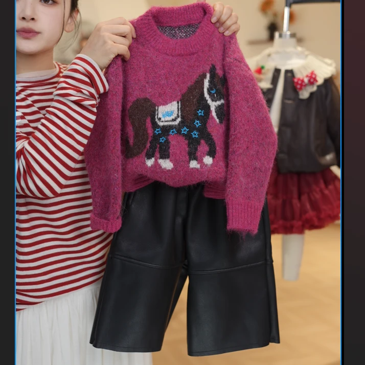 豌豆新款2025女童针织衫卡通马年休闲百搭秋冬儿童时尚提花针织衫