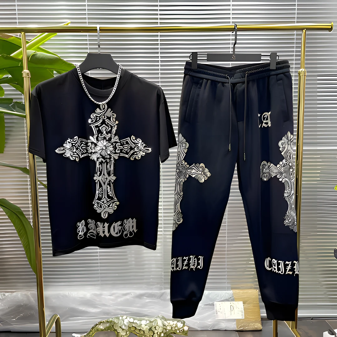 995-996-245潮牌烫钻十字架重工短袖短裤轻奢套装潮流休闲时尚