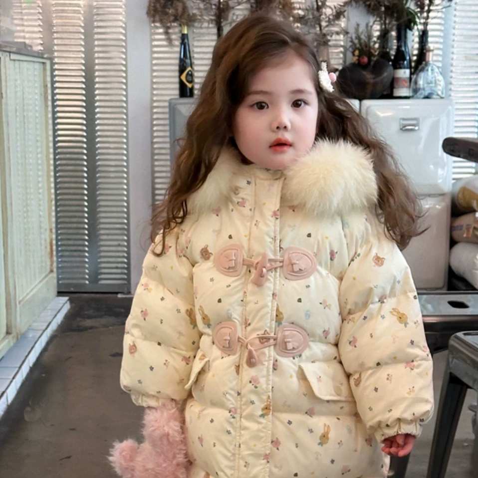 女童羽绒服中长款儿童2025冬装新款女宝宝新年精灵帽加厚保暖外套