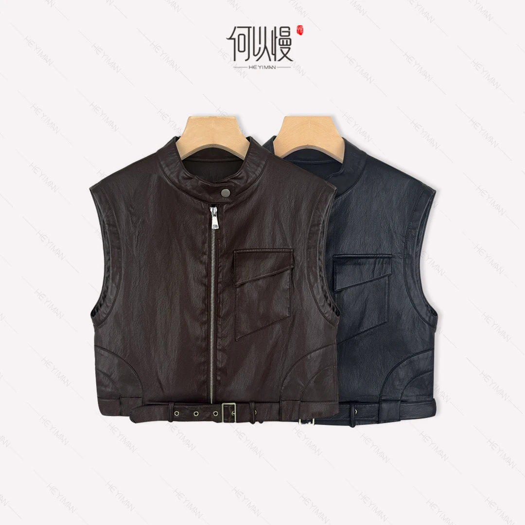 【何以慢】秋季蛋白皮复古立领下摆系带减龄百搭皮马甲K4-A5098