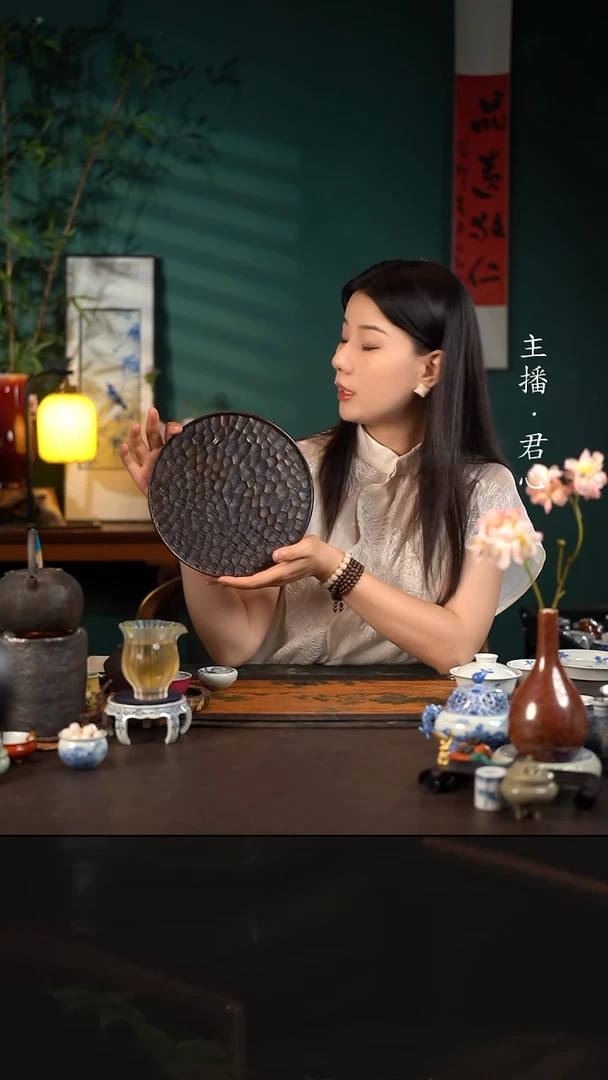 陶瓷周边大漆圆茶盘龙鳞纹有钉直径23