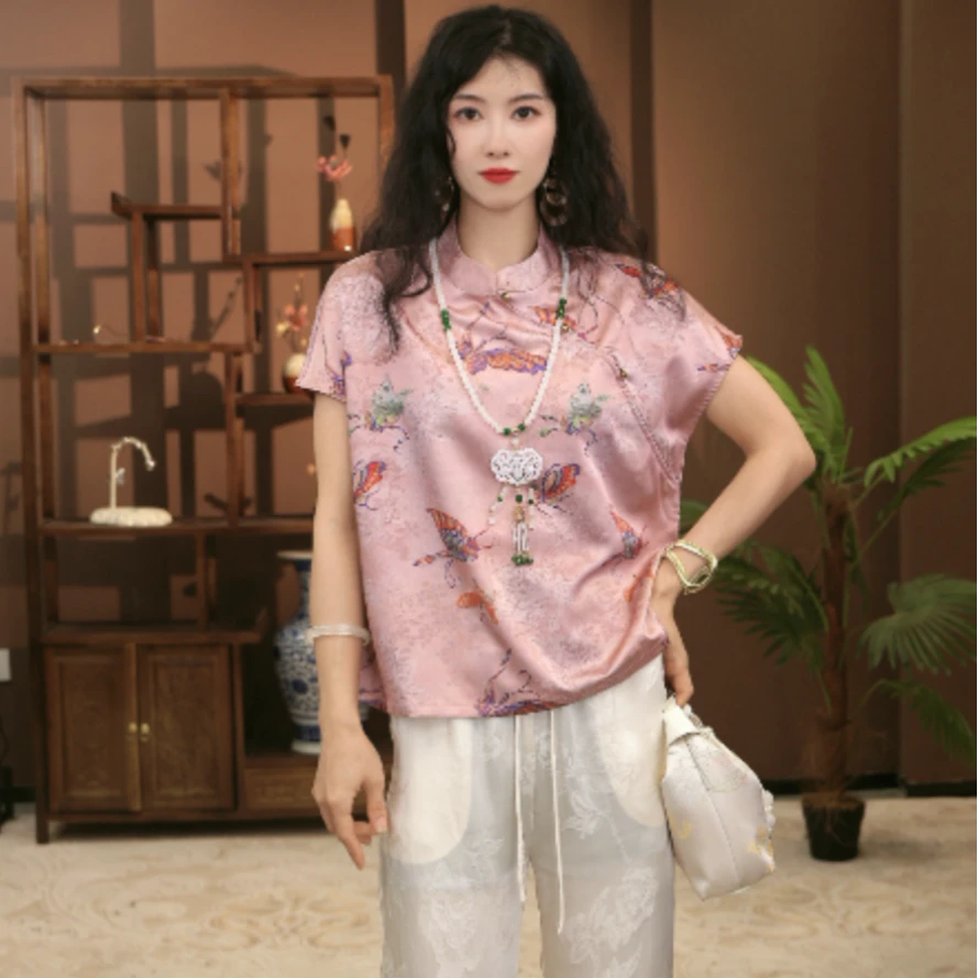 【粉蝶绕枝】蝴蝶短袖提花夏季新中式衬衫复古印花小衫-GRZ3061ND