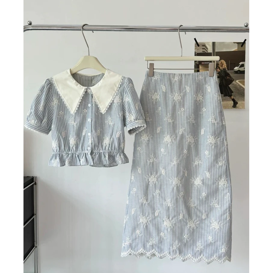 韩系夏日穿搭一整套3134独特漂亮蓝色条纹娃娃领衬衫半身裙套装