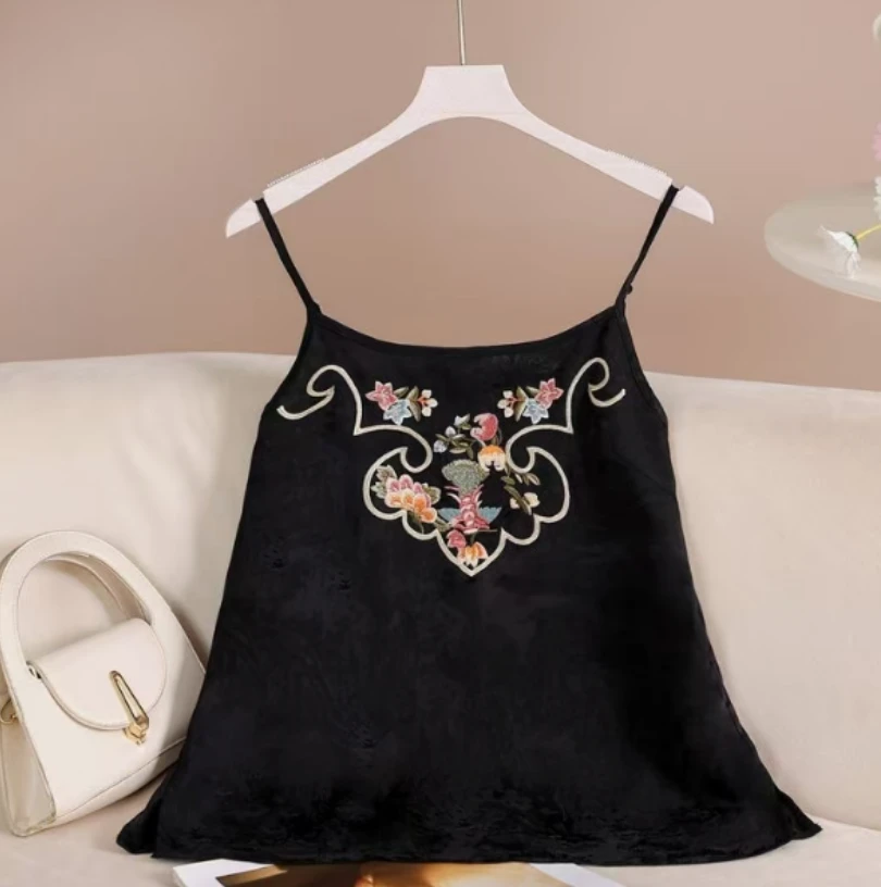 新中式重工刺绣金标苏州丝绸提花正版吊带背心