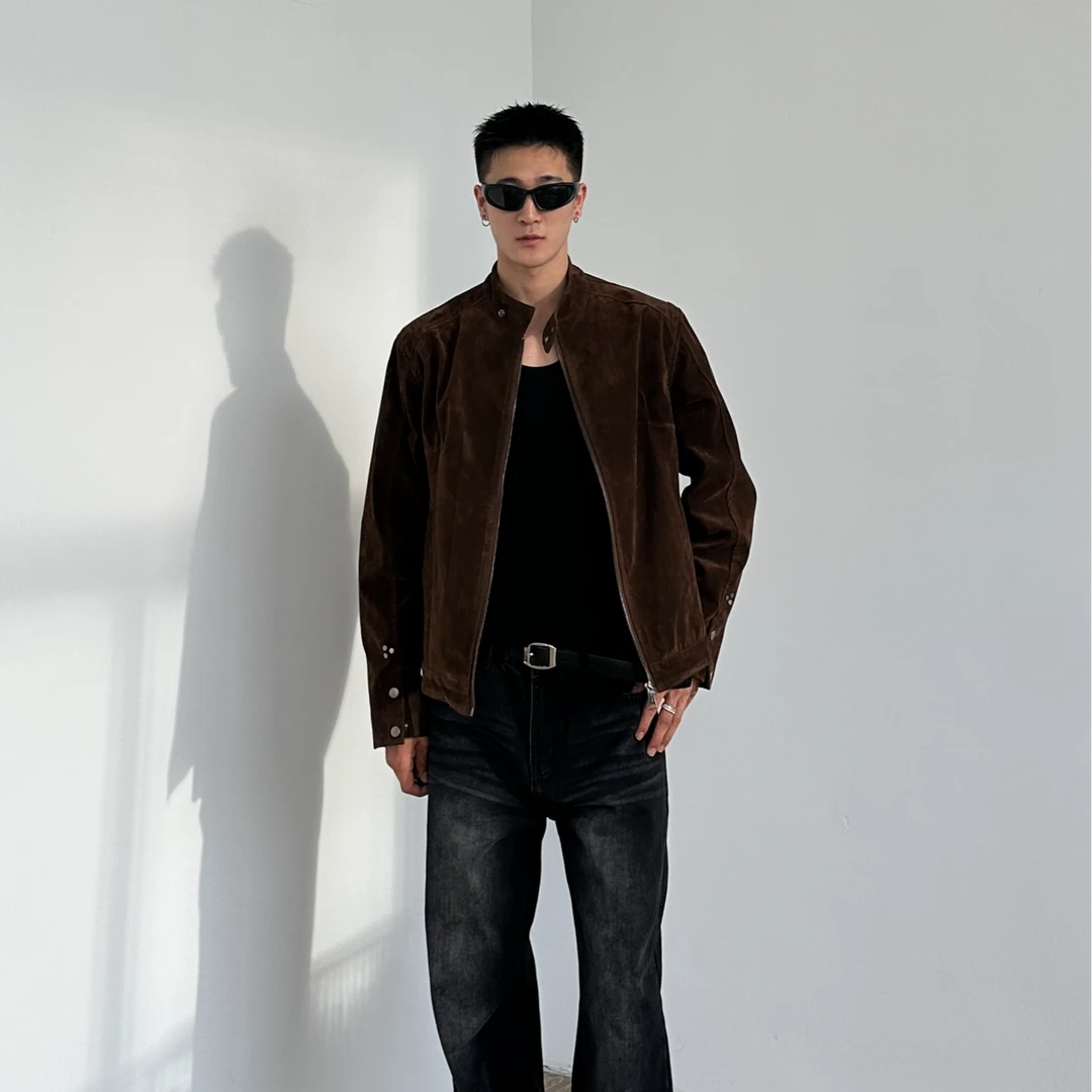 美式复古短宽硬汉风”摩登年代“复古绒皮工艺立领哈灵顿夹克外套