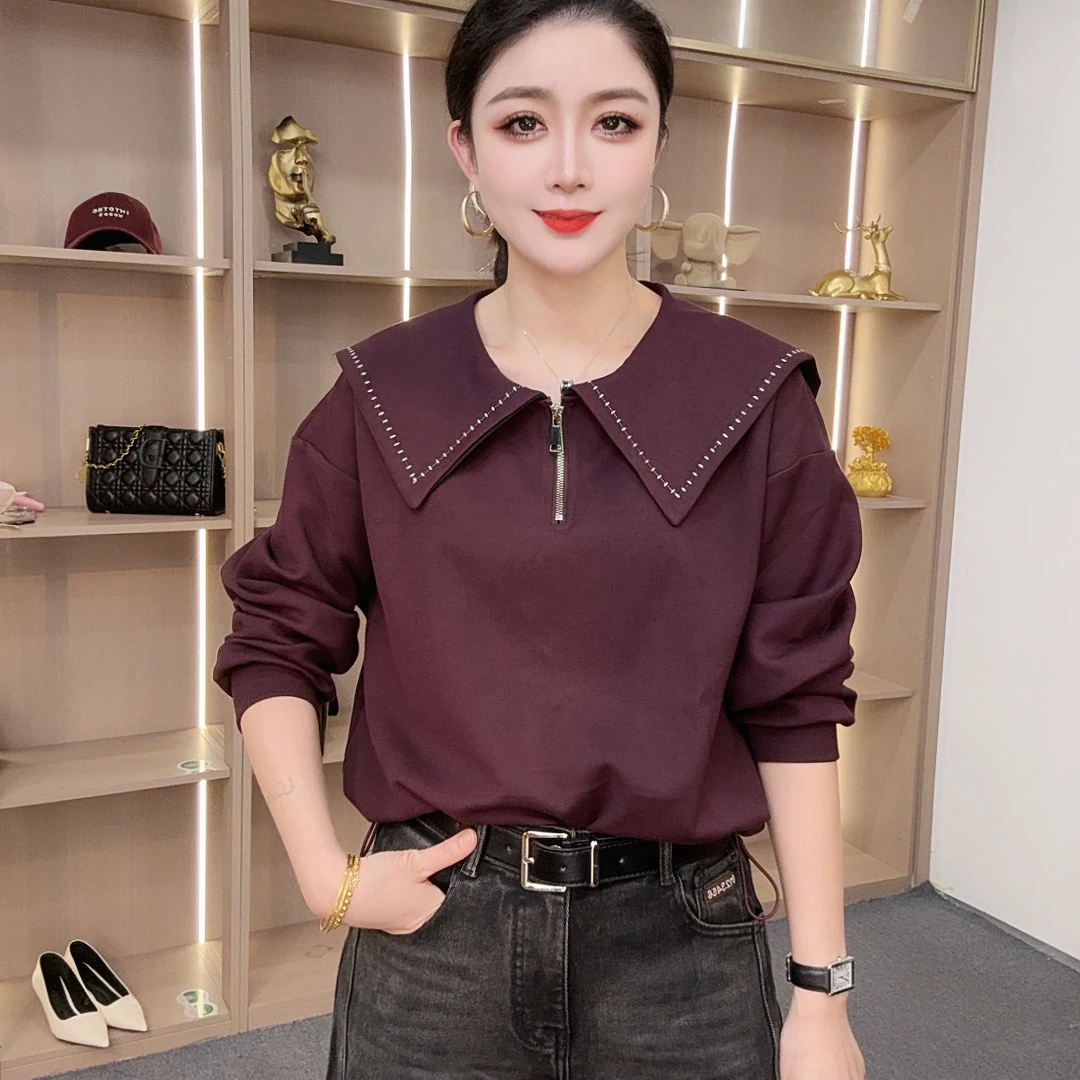 【众帆女装2】秋季翻领长袖娃娃领套头拉链卫衣打底显瘦减龄女装