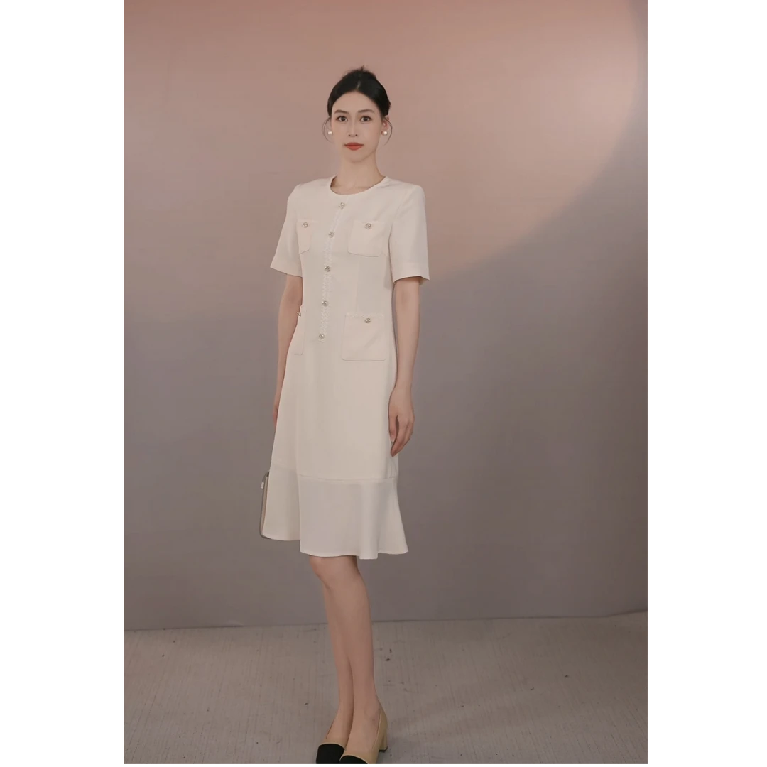 艾尚复古法式风夏季短袖圆领鱼尾连衣裙轻奢优雅森系简约显瘦收腰