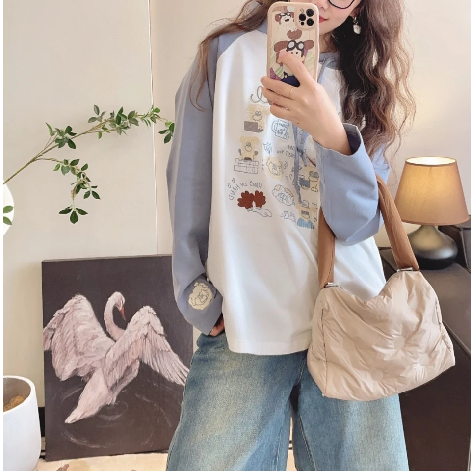 Yongwill小羊家1156sunday狗拼色插肩袖宽松刺绣连帽打底衫T显瘦