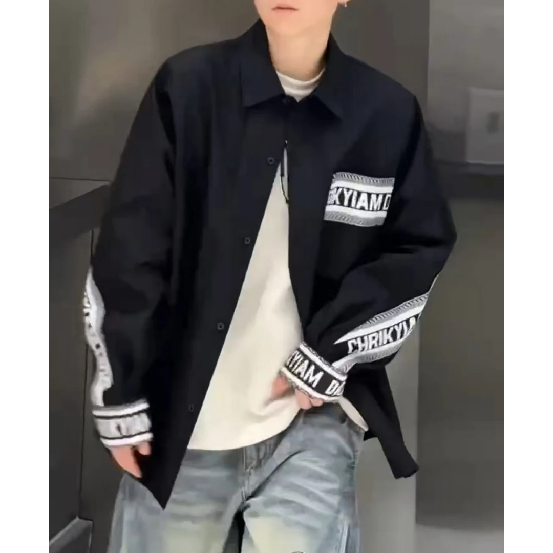 小娴-D-610-春夏新款时尚百搭织带拼接翻领男女同款衬衣*YM