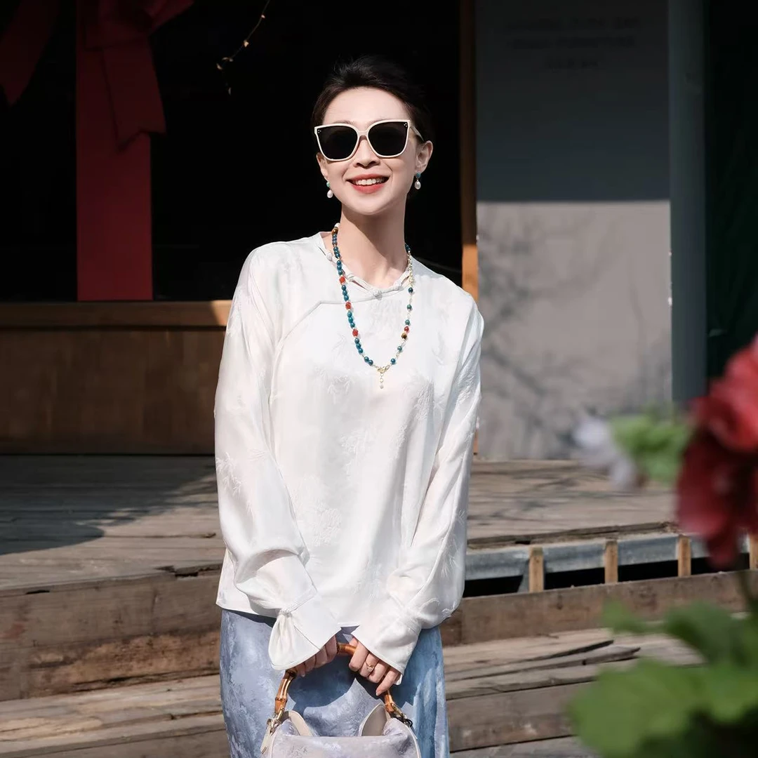 盛唐牡丹梅兰竹菊真丝冠乐绉偏襟上衣新款时尚洋气百搭女装