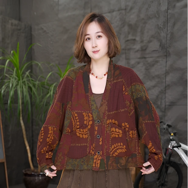 qq常规款宽松型秋季长袖印花短外套短款宽松女装国风