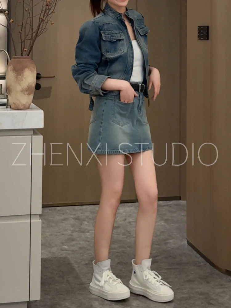 针西【高妹牛仔裙】高个子穿搭加长百搭简约做旧牛仔短裙K80182