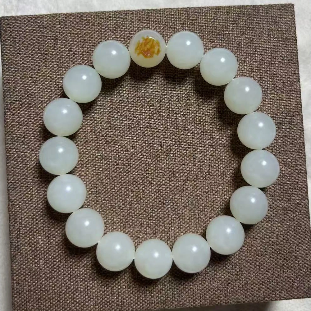 新疆天然和田玉手链12毫米圆珠手串单圈手链时尚手串珠链素圈玉珠