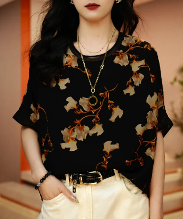 夏季新款透气时百搭圆领洋气印花上衣