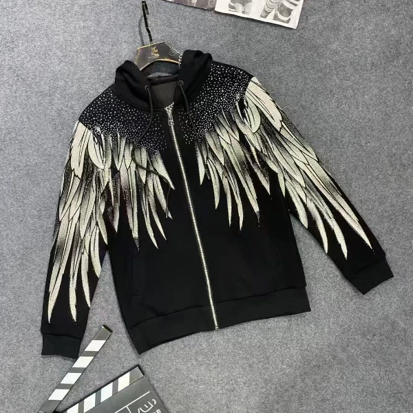 卫衣男士时尚休闲连帽印花设计师重工长袖轻奢烫钻黑色欧美潮流