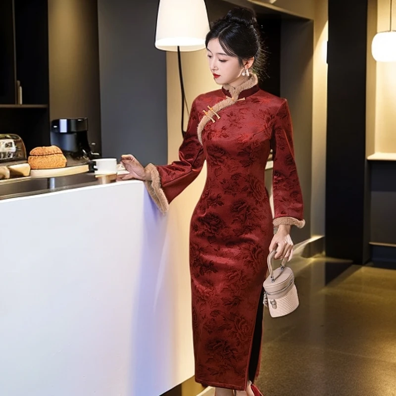 【锦莎】冬季年轻优雅高端加厚保暖复古中式旗袍修身显瘦日常连衣裙