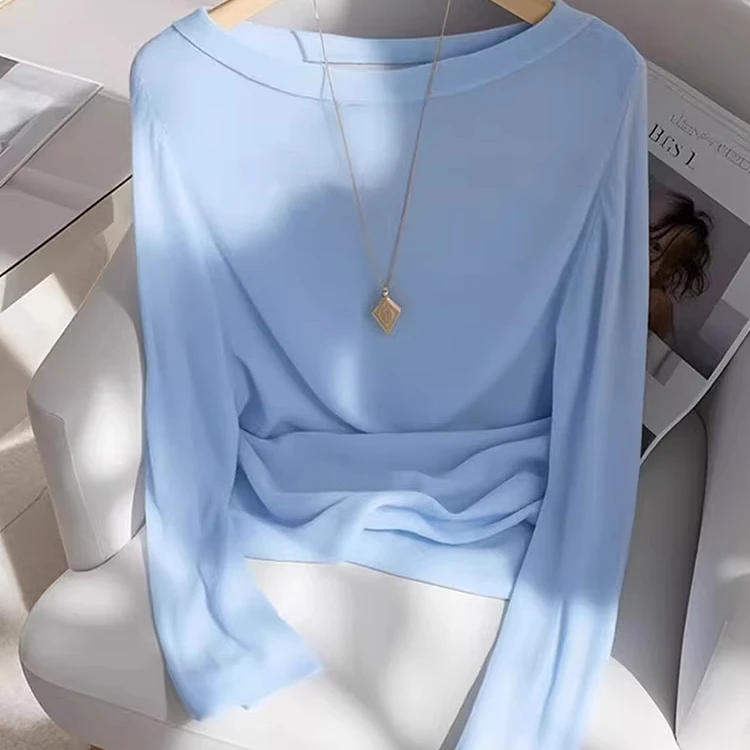 春夏独特别致漂亮上衣设计感时尚洋气超好看绝美蓝色长袖T恤内搭