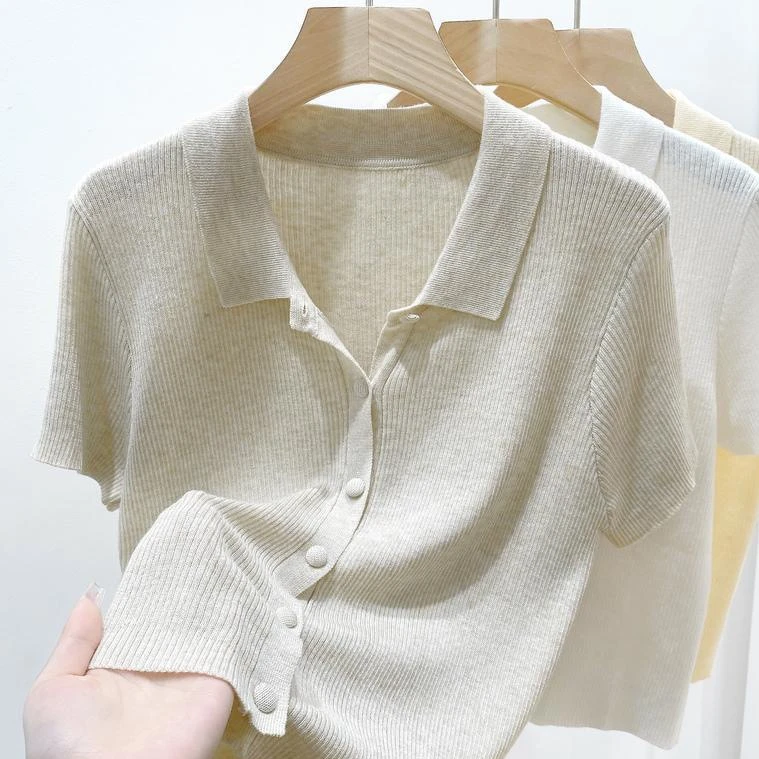 薄款POLO领针织衫女夏季气质显瘦短袖小个子纯色百搭短款开衫上衣