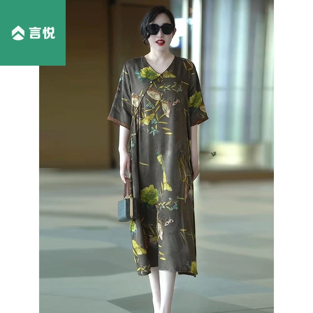 410短袖v领妈妈装大码重磅真丝连衣裙宽松文艺轻奢减龄印花长裙子