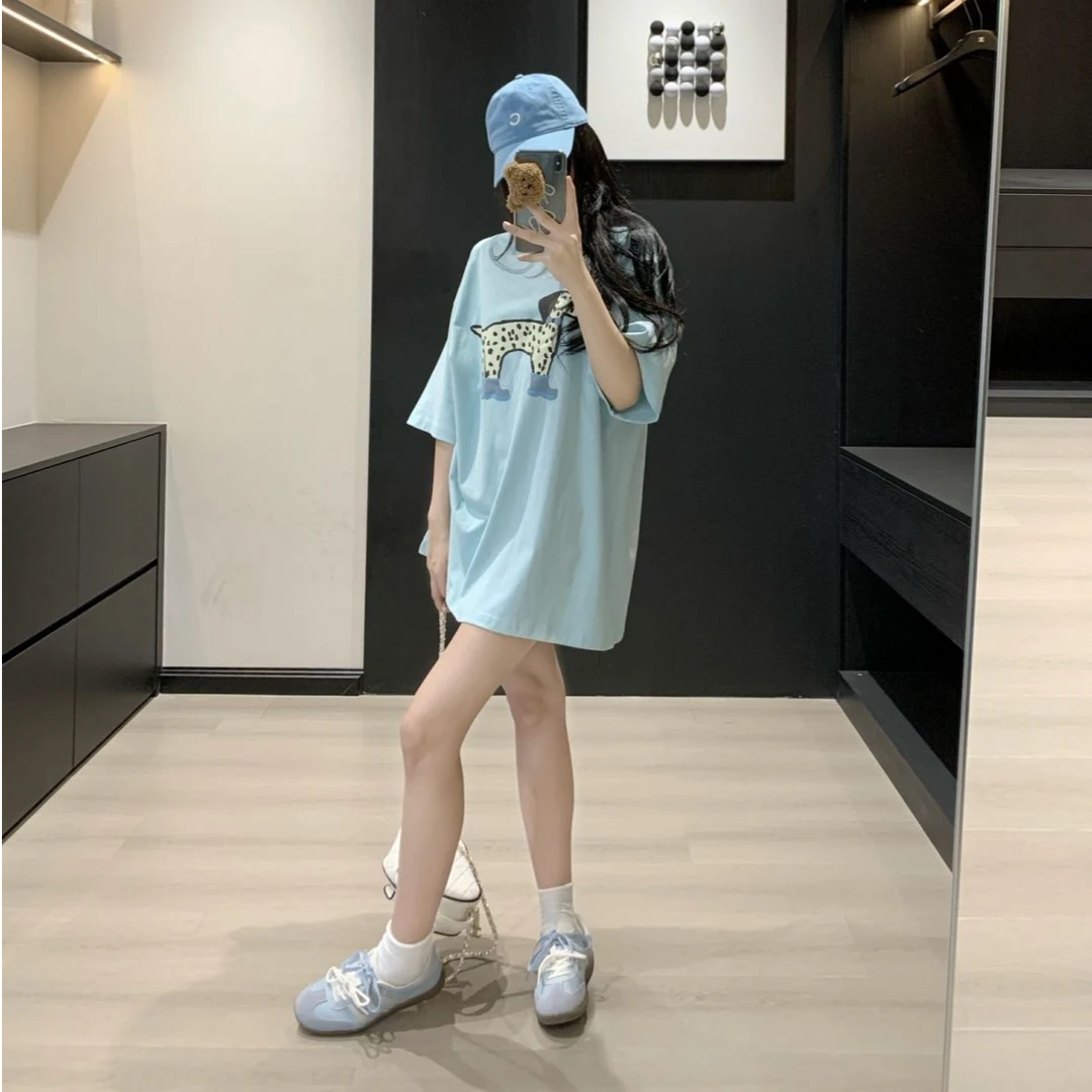 短袖t恤女夏季2025新款潮流宽松可爱甜美设计感印花半袖体恤上衣