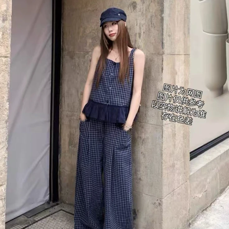 2025夏季新款大码女装韩系甜美风吊带格子上衣+阔腿裤