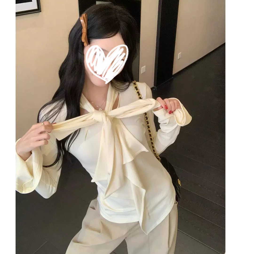 25新款设计感荷叶边飘带长袖T恤女装秋季别致百搭修身