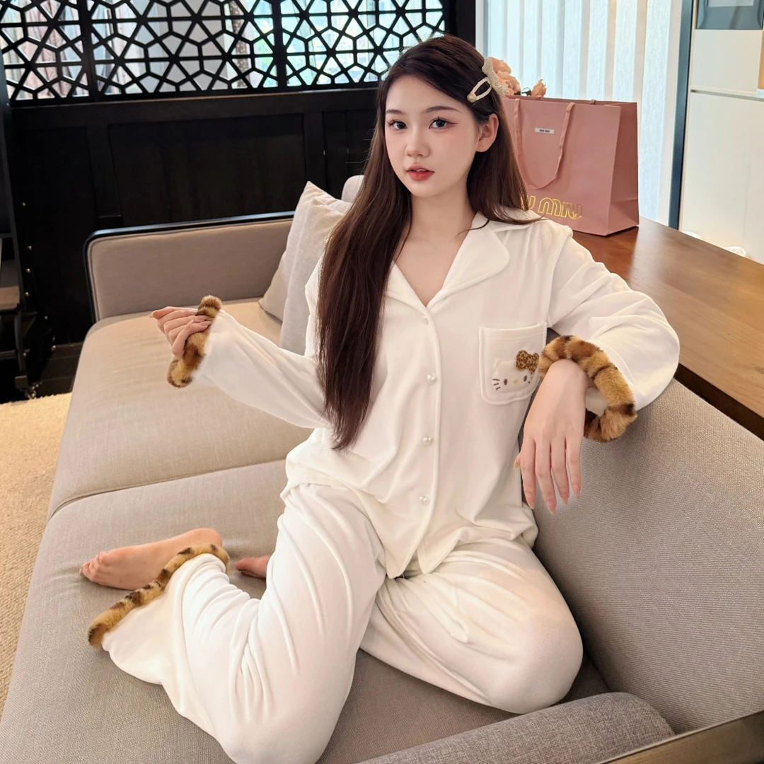 【豹纹KT】秋冬新款睡衣女甜美海岛绒家居服套装可外穿保暖软糯冬天