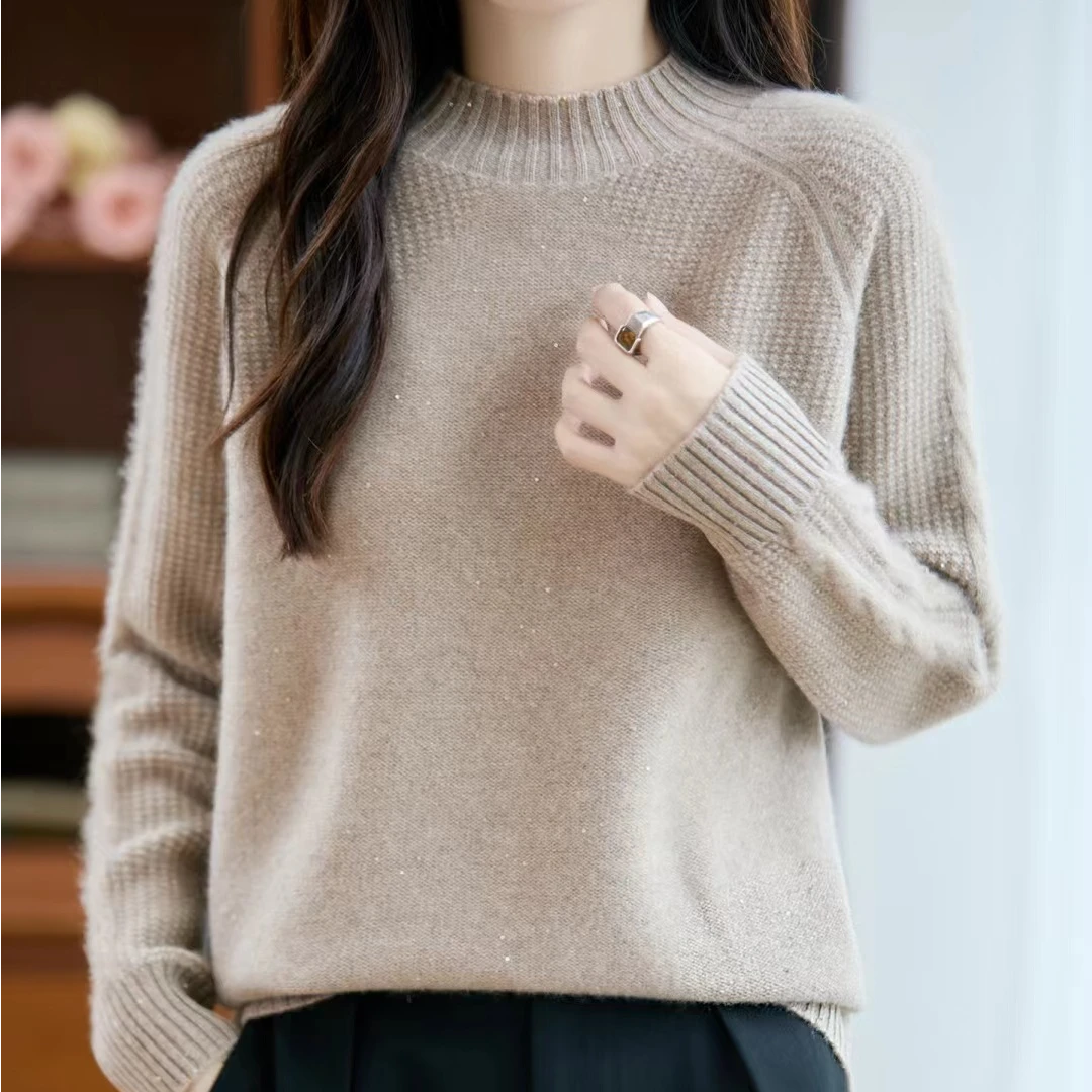 【100纯羊毛】高端一线成衣加厚半高领亮片纱百搭宽松NJR081