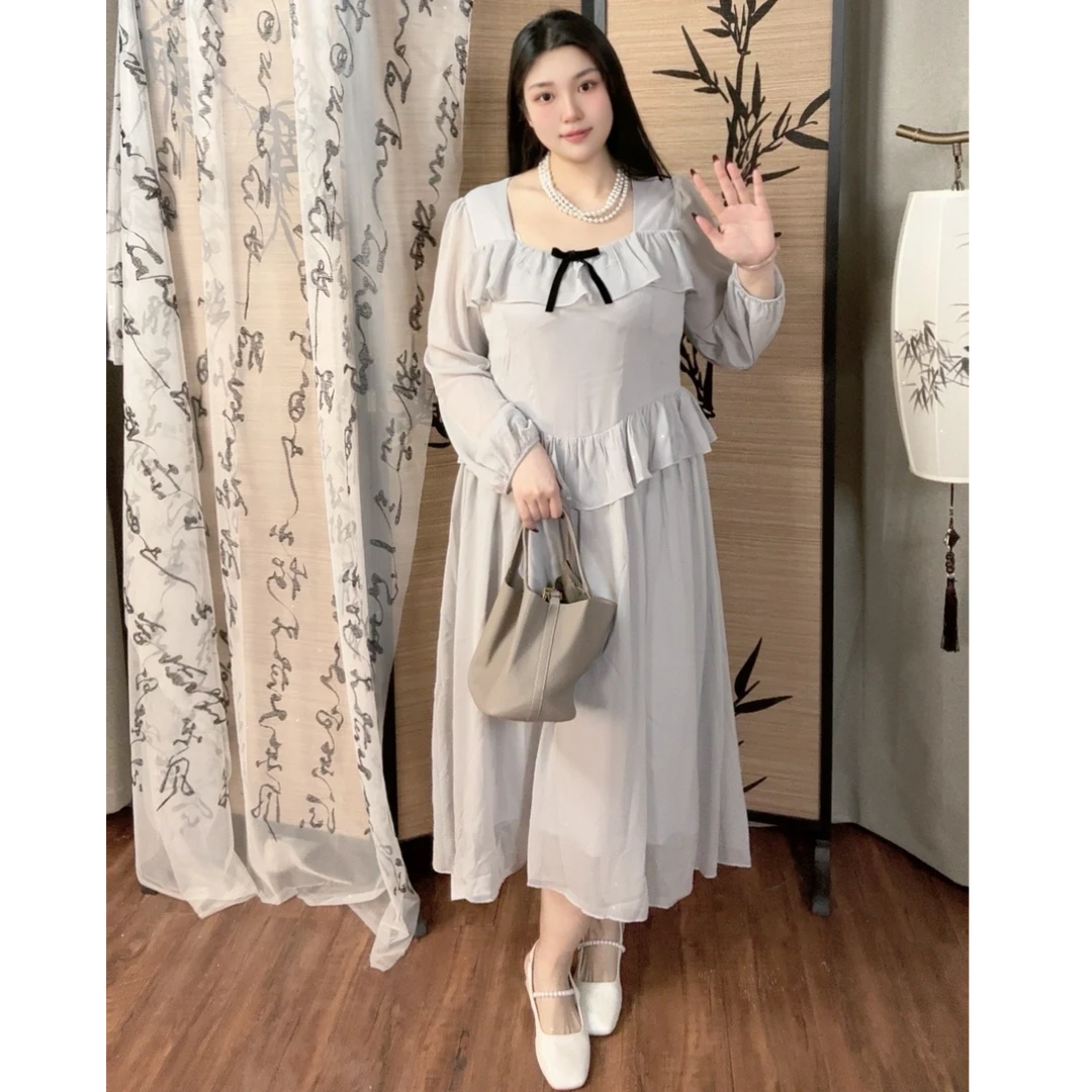 码加加典雅灰韵51048法式复古长裙轻礼服裙大码气质高级感连衣裙