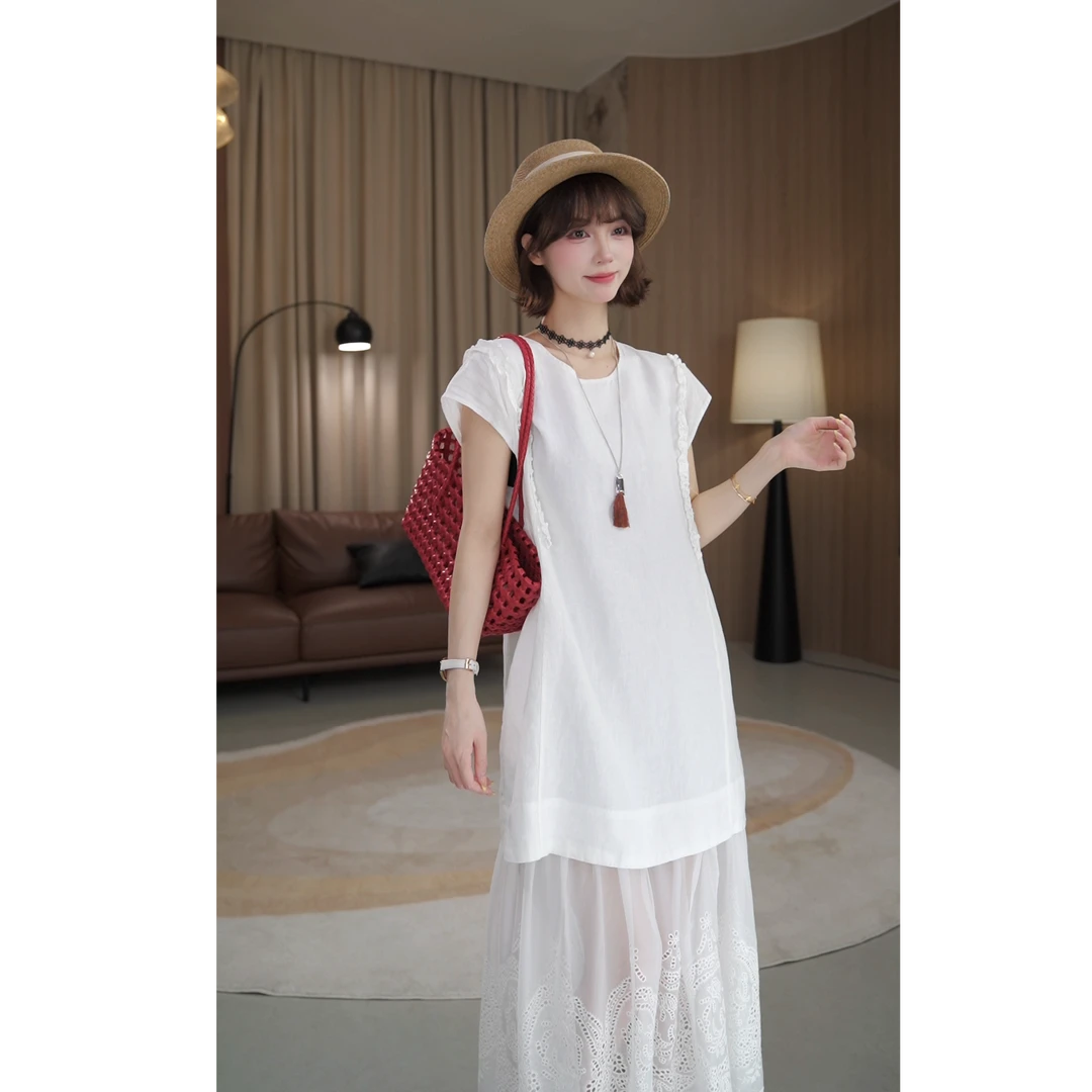 【薇薇绮】气质亚麻圆领小飞袖假两件拼纱长款显瘦连衣裙 D855