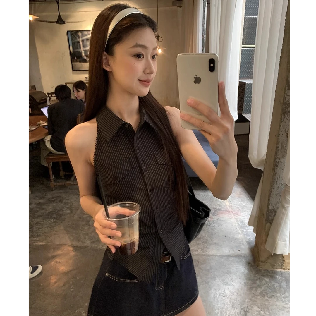条纹衬衫女2025新款爆款法式上衣漂亮露背收腰黑色无袖上衣衬衣