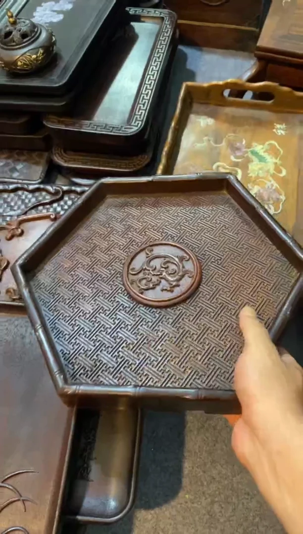 木浮雕六角茶盘66