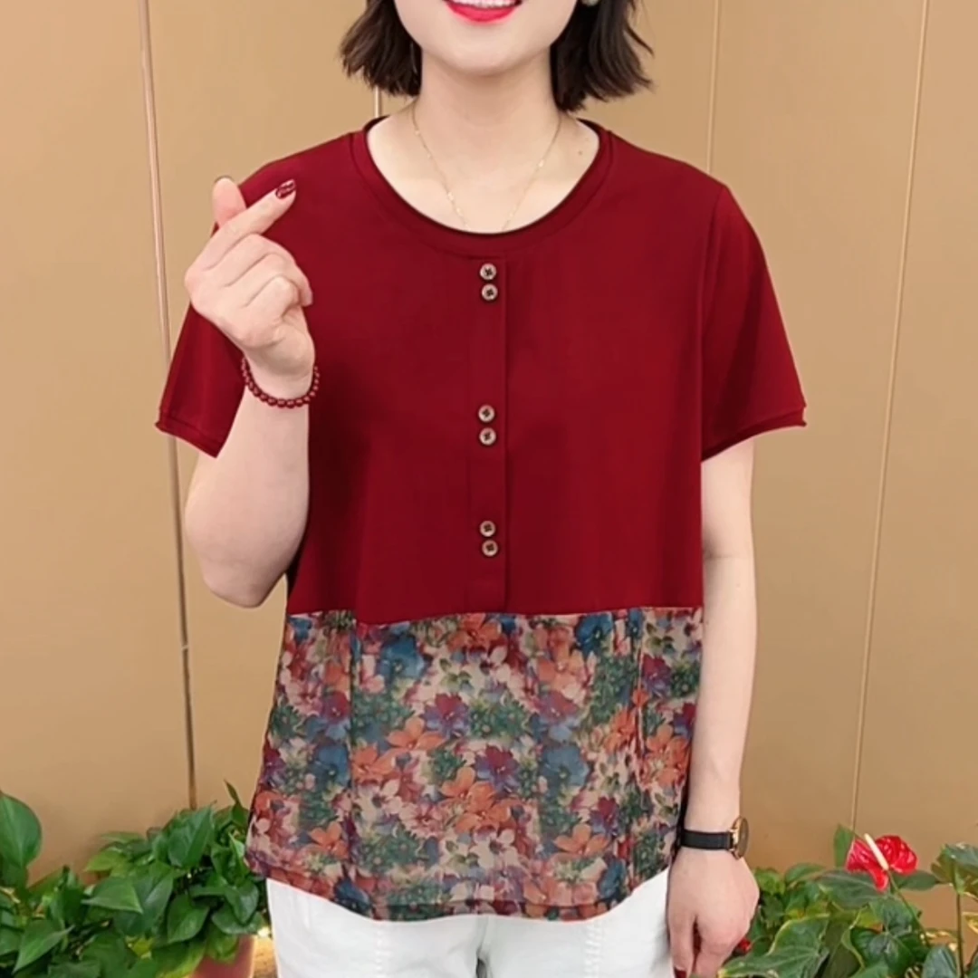 夏季新款大码宽松中老年气质妈妈装宽松休闲遮肚短袖上衣K8512