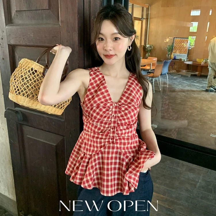 韩版红格背心女海边度假辣妹无袖外穿上衣复古设计感