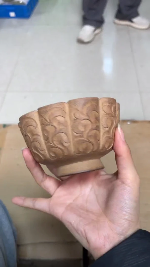 陶瓷421纯手工素烧唐草纹温碗（一个）