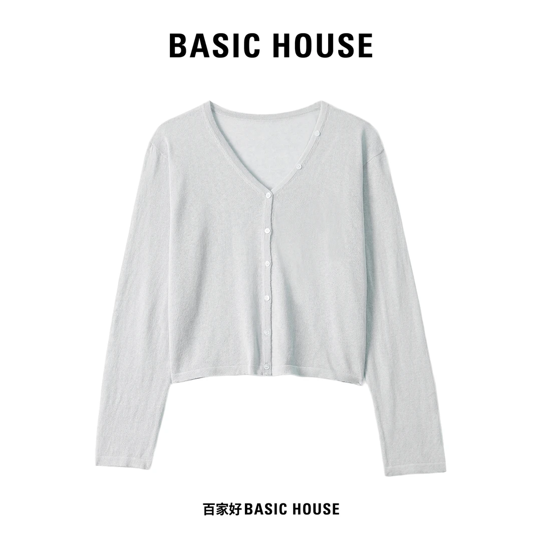 Basic House/百家好2025年春夏新款时尚长袖显瘦设计V领针织衫MM