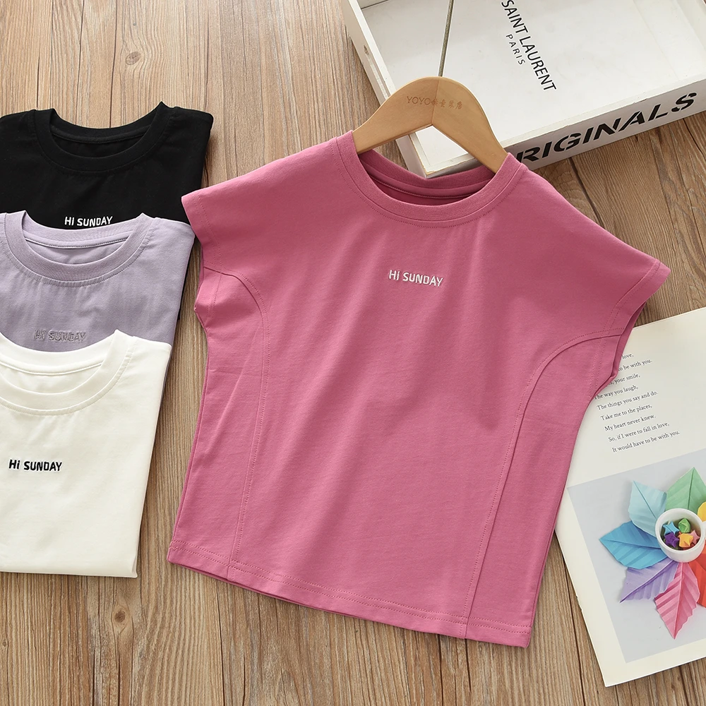 洋气童装夏款儿童女童简约短袖T恤衫宝宝中大童时尚白色黑色上衣