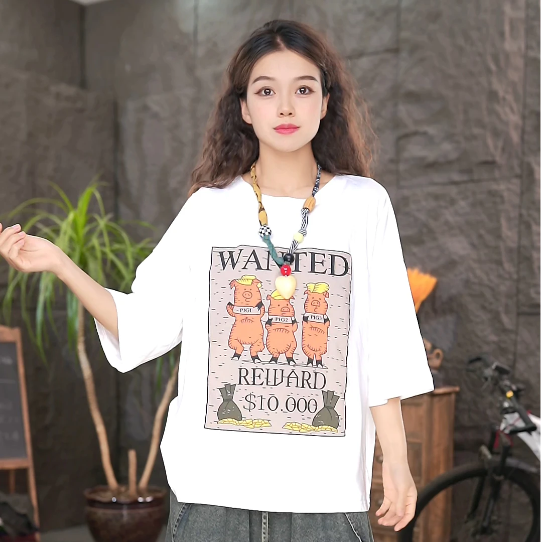 夏季印花卡通短袖T恤大码女装炒色宽松圆领小猪百搭上衣