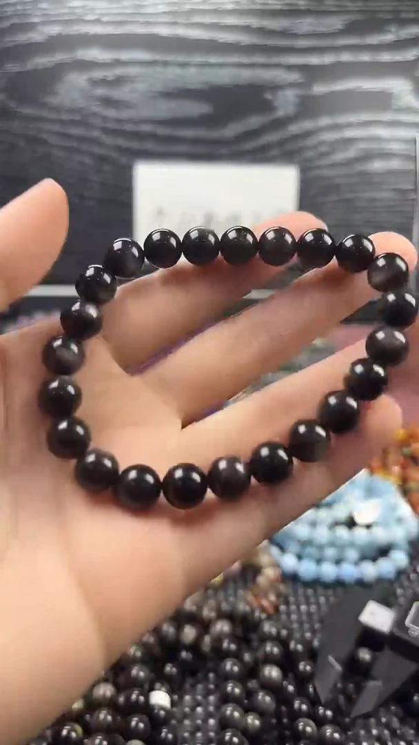 未镶嵌黑曜岩手串银耀石8mm有猫眼