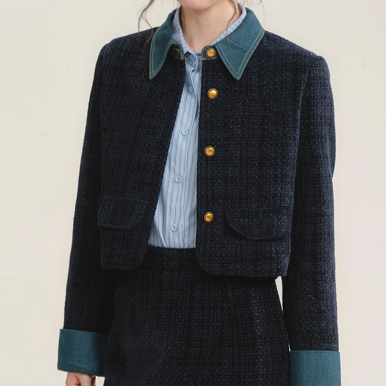 春季新品毛呢短款外套女2025新款牛仔拼接翻领正肩显瘦上衣