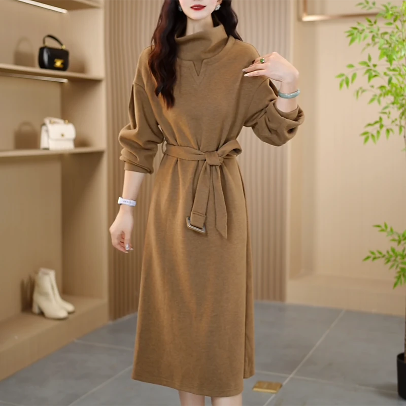 24285秋冬新款法式时尚气质显瘦减龄长袖女装中长款连衣裙宽松