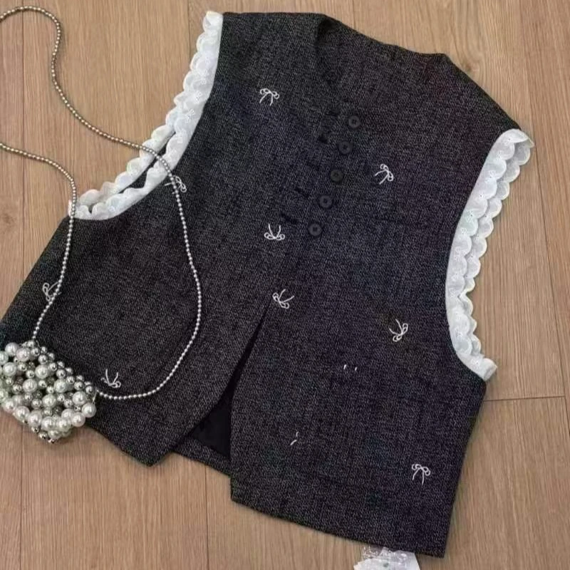 欧货2025春夏新品高定时尚蕾丝拼接气质小香风爆款无袖马甲