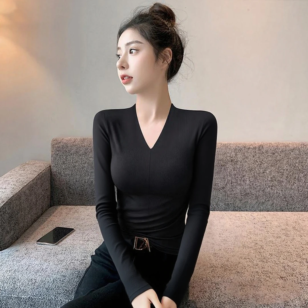黑色v领长袖打底衫女2025新款春秋高级感t恤打底内搭螺纹紧身上衣