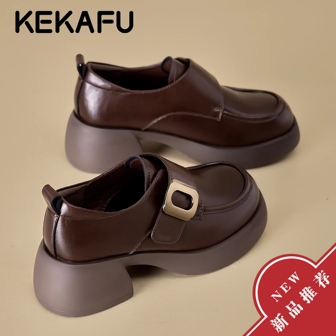 珂卡芙真皮女士小西裤专用鞋2025秋季新款欧美风粗跟增高乐福单鞋