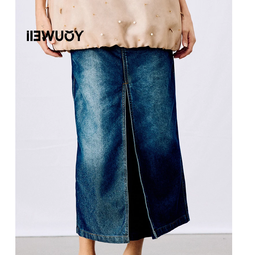 有尾YOUWEI 定制石榴皮标银葱长半裙 Y5925103早春上新牛仔直筒