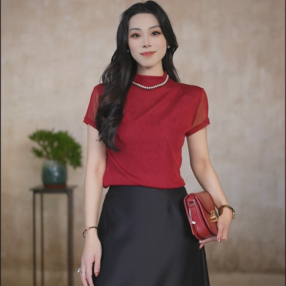 【优雅休闲风】100%桑蚕丝针织半高领女士春夏通勤经典上衣 NL9045