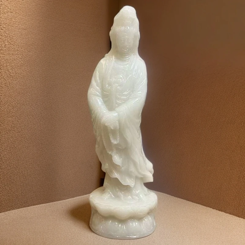 天然白玉莲花观音风水摆件