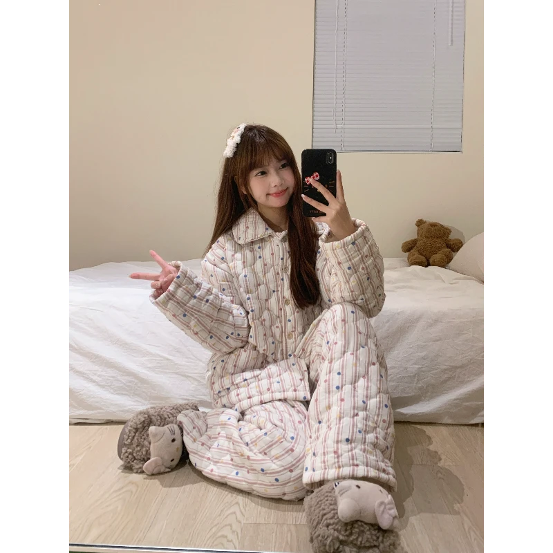 【彩色波点】小众设计感夹棉睡衣冬季简约新款加厚休闲家居服套装